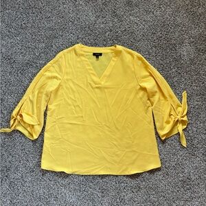 Alfani Women’s Large Tunic Blouse Yellow V Neck 3/4 Tie Sleeves Preppy Flare